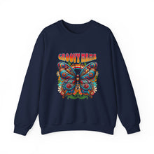 Load image into Gallery viewer, Groovy Butterfly Sweatshirt | Unisex Heavy Blend Crewneck, Retro Fashion, Gift for Nature Lovers, Cozy Layer, Spring Style