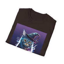 Load image into Gallery viewer, Magical Cat T-Shirt, Unisex Softstyle Tee, Halloween Costume Shirt, Wizard Cat Apparel, Gift for Cat Lovers, Witch Kitty Tee