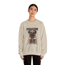 Load image into Gallery viewer, Pugcino Crewneck Sweatshirt, Cute Dog Lover Gift, Cozy Sweatshirt, Unisex Fashion, Pet Enthusiast Apparel, Perfect for Fall