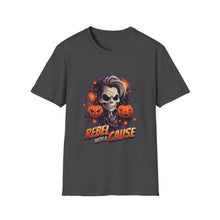 Load image into Gallery viewer, Halloween Rebel Skull Tee, Unisex T-Shirt, Softstyle Graphic Shirt, Halloween Costume, Fall Apparel, Gift for Him/Her