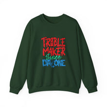 Load image into Gallery viewer, Troublemaker Crewneck Sweatshirt | Comfortable Casual Wear, Fun Gift, Holiday Sweatshirt, Unique Fashion, Day One Wear