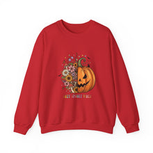 Load image into Gallery viewer, Pumpkin Flower Crewneck Sweatshirt | Cozy Spooky Vibes | Fall Fashion, Halloween Sweatshirt, Unisex Apparel, Autumn Gift, Festival Wear