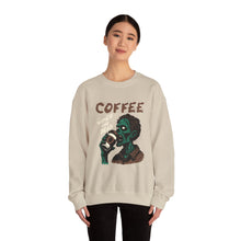 Load image into Gallery viewer, Zombies & Coffee Crewneck Sweatshirt, Unique Gift for Coffee Lovers, Fun Graphic Sweatshirt, Halloween Apparel, Cozy Unisex Top