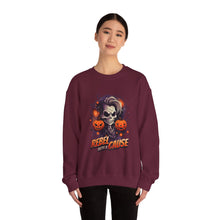 Load image into Gallery viewer, Rebel with a Cause Crewneck Sweatshirt | Halloween Sweatshirt, Unisex Fall Apparel, Cozy Casual Wear, Spooky Season Clothing, Gothic Style