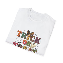 Load image into Gallery viewer, Halloween Trick or Treat Unisex Softstyle T-Shirt | Fun Halloween Tee, Spooky Shirt, Fall Apparel, Trick or Treat Shirt, Costume Party Top