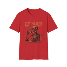Load image into Gallery viewer, Stay Alive Coffee Skeleton T-Shirt | Unisex Casual Tee | Perfect Gift for Coffee Lovers, Halloween, & Quirky Fashion