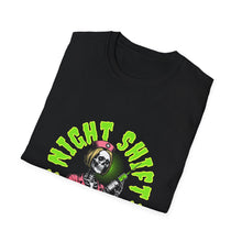 Load image into Gallery viewer, Halloween Night Shift Skeleton T-Shirt, Unisex Graphic Tee, Spooky Shirt for Halloween, Gifts for Nurses, Night Owls