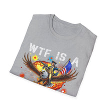 Load image into Gallery viewer, Witty Graphic Tee - "WTF is a Kilometer?" | Unisex Softstyle T-Shirt for Travel Lovers, Funnies, Humor Gifts, Casual Wear, Everyday Use