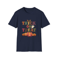 Load image into Gallery viewer, Halloween Trick or Treat Unisex Softstyle T-Shirt | Fun Halloween Tee, Spooky Shirt, Fall Apparel, Trick or Treat Shirt, Costume Party Top