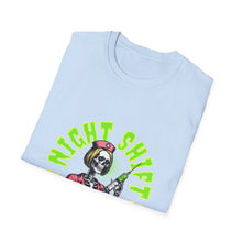 Load image into Gallery viewer, Halloween Night Shift Skeleton T-Shirt, Unisex Graphic Tee, Spooky Shirt for Halloween, Gifts for Nurses, Night Owls