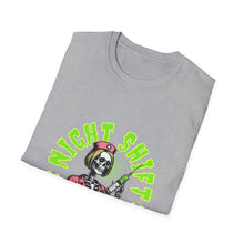 Load image into Gallery viewer, Halloween Night Shift Skeleton T-Shirt, Unisex Graphic Tee, Spooky Shirt for Halloween, Gifts for Nurses, Night Owls