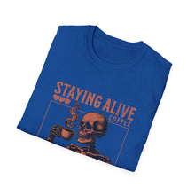 Load image into Gallery viewer, Stay Alive Coffee Skeleton T-Shirt | Unisex Casual Tee | Perfect Gift for Coffee Lovers, Halloween, & Quirky Fashion