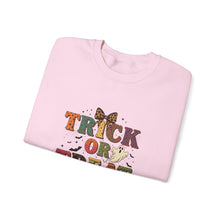 Load image into Gallery viewer, Halloween Trick or Treat Sweatshirt, Cozy Fall Crewneck, Unisex Casual Wear, Perfect for Halloween Parties, Pumpkin Lovers Gift