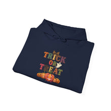 Load image into Gallery viewer, Trick or Treat Hooded Sweatshirt | Unisex Halloween Hoodie, Cozy Fall Apparel, Spooky Season Gift, Autumn Outing Sweatshirt