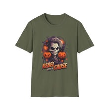 Load image into Gallery viewer, Halloween Rebel Skull Tee, Unisex T-Shirt, Softstyle Graphic Shirt, Halloween Costume, Fall Apparel, Gift for Him/Her