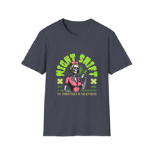 Load image into Gallery viewer, Halloween Night Shift Skeleton T-Shirt, Unisex Graphic Tee, Spooky Shirt for Halloween, Gifts for Nurses, Night Owls