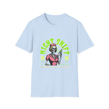 Load image into Gallery viewer, Halloween Night Shift Skeleton T-Shirt, Unisex Graphic Tee, Spooky Shirt for Halloween, Gifts for Nurses, Night Owls