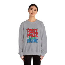 Load image into Gallery viewer, Troublemaker Crewneck Sweatshirt | Comfortable Casual Wear, Fun Gift, Holiday Sweatshirt, Unique Fashion, Day One Wear