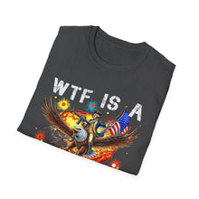 Load image into Gallery viewer, Witty Graphic Tee - "WTF is a Kilometer?" | Unisex Softstyle T-Shirt for Travel Lovers, Funnies, Humor Gifts, Casual Wear, Everyday Use