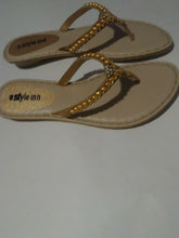 Load image into Gallery viewer, Womens Gold Pakistan Flat Rhinestone Sandals with Gold Pearl like stones

