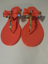 Load image into Gallery viewer, Womens Orange Jelly Flat Sandals with a Rhinestone Bowtie
