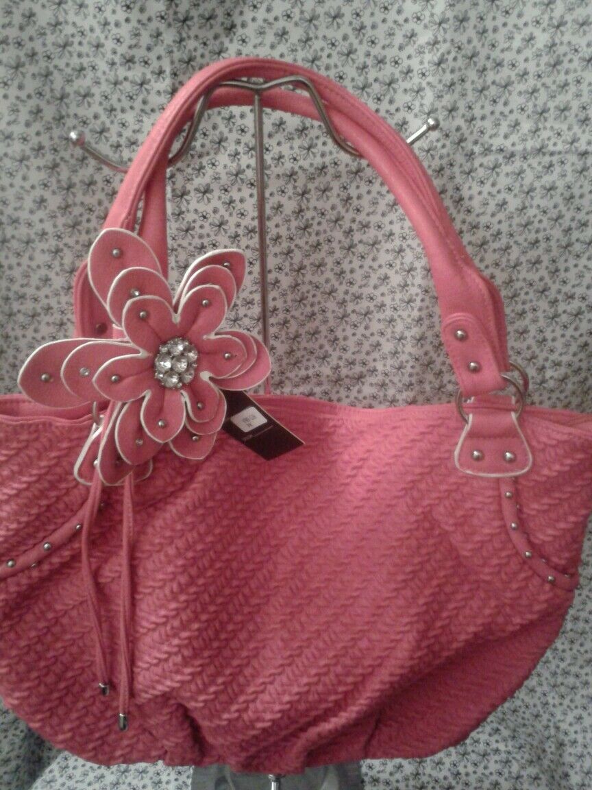 Pink Faux Leather Purse With A Gorgeous Rhinestone Flower