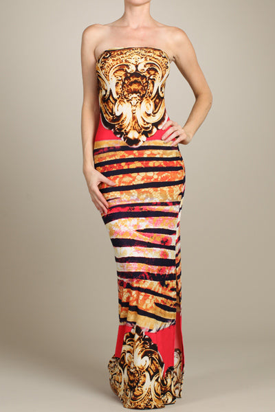 Women Abstract Print Dark Coral Sleeveless Body Con Maxi Dress SIZE S
