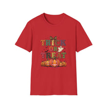 Load image into Gallery viewer, Halloween Trick or Treat Unisex Softstyle T-Shirt | Fun Halloween Tee, Spooky Shirt, Fall Apparel, Trick or Treat Shirt, Costume Party Top
