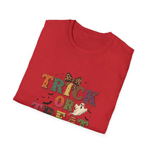 Load image into Gallery viewer, Halloween Trick or Treat Unisex Softstyle T-Shirt | Fun Halloween Tee, Spooky Shirt, Fall Apparel, Trick or Treat Shirt, Costume Party Top
