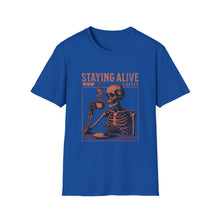 Load image into Gallery viewer, Stay Alive Coffee Skeleton T-Shirt | Unisex Casual Tee | Perfect Gift for Coffee Lovers, Halloween, &amp; Quirky Fashion
