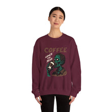 Load image into Gallery viewer, Zombies &amp; Coffee Crewneck Sweatshirt, Unique Gift for Coffee Lovers, Fun Graphic Sweatshirt, Halloween Apparel, Cozy Unisex Top
