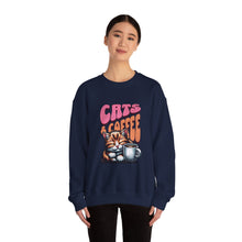 Load image into Gallery viewer, Cozy Cats &amp; Coffee Sweatshirt - Perfect Gift for Cat Lovers, Weekend Lounging, Birthday, or Coffee Time
