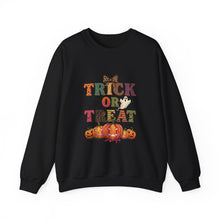 Load image into Gallery viewer, Halloween Trick or Treat Sweatshirt, Cozy Fall Crewneck, Unisex Casual Wear, Perfect for Halloween Parties, Pumpkin Lovers Gift
