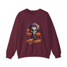 Load image into Gallery viewer, Rebel with a Cause Crewneck Sweatshirt | Halloween Sweatshirt, Unisex Fall Apparel, Cozy Casual Wear, Spooky Season Clothing, Gothic Style
