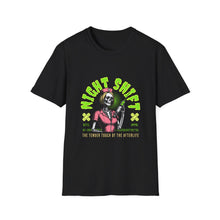 Load image into Gallery viewer, Halloween Night Shift Skeleton T-Shirt, Unisex Graphic Tee, Spooky Shirt for Halloween, Gifts for Nurses, Night Owls
