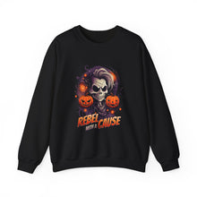 Load image into Gallery viewer, Rebel with a Cause Crewneck Sweatshirt | Halloween Sweatshirt, Unisex Fall Apparel, Cozy Casual Wear, Spooky Season Clothing, Gothic Style
