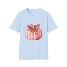 Load image into Gallery viewer, Cute Pumpkin Bow Unisex T-Shirt, Fall Fashion Tee, Halloween Gift, Thanksgiving Apparel, Cozy Autumn Vibes
