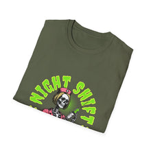 Load image into Gallery viewer, Halloween Night Shift Skeleton T-Shirt, Unisex Graphic Tee, Spooky Shirt for Halloween, Gifts for Nurses, Night Owls
