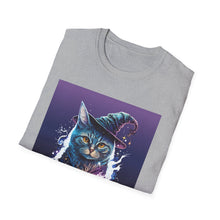 Load image into Gallery viewer, Magical Cat T-Shirt, Unisex Softstyle Tee, Halloween Costume Shirt, Wizard Cat Apparel, Gift for Cat Lovers, Witch Kitty Tee
