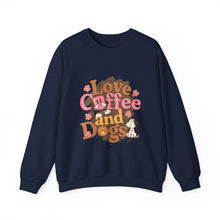 Load image into Gallery viewer, Love Coffee and Dogs Crewneck Sweatshirt, Cozy Gift for Dog Lovers, Perfect for Fall/Winter, Pet Lovers Apparel, Casual Lounge Wear
