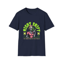 Load image into Gallery viewer, Halloween Night Shift Skeleton T-Shirt, Unisex Graphic Tee, Spooky Shirt for Halloween, Gifts for Nurses, Night Owls

