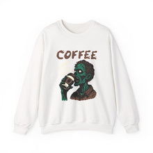 Load image into Gallery viewer, Zombies &amp; Coffee Crewneck Sweatshirt, Unique Gift for Coffee Lovers, Fun Graphic Sweatshirt, Halloween Apparel, Cozy Unisex Top
