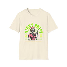 Load image into Gallery viewer, Halloween Night Shift Skeleton T-Shirt, Unisex Graphic Tee, Spooky Shirt for Halloween, Gifts for Nurses, Night Owls
