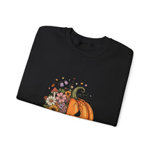 Load image into Gallery viewer, Pumpkin Flower Crewneck Sweatshirt | Cozy Spooky Vibes | Fall Fashion, Halloween Sweatshirt, Unisex Apparel, Autumn Gift, Festival Wear
