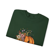 Load image into Gallery viewer, Pumpkin Flower Crewneck Sweatshirt | Cozy Spooky Vibes | Fall Fashion, Halloween Sweatshirt, Unisex Apparel, Autumn Gift, Festival Wear
