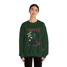 Load image into Gallery viewer, Zombies &amp; Coffee Crewneck Sweatshirt, Unique Gift for Coffee Lovers, Fun Graphic Sweatshirt, Halloween Apparel, Cozy Unisex Top
