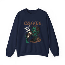 Load image into Gallery viewer, Zombies &amp; Coffee Crewneck Sweatshirt, Unique Gift for Coffee Lovers, Fun Graphic Sweatshirt, Halloween Apparel, Cozy Unisex Top
