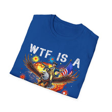 Load image into Gallery viewer, Witty Graphic Tee - "WTF is a Kilometer?" | Unisex Softstyle T-Shirt for Travel Lovers, Funnies, Humor Gifts, Casual Wear, Everyday Use
