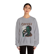 Load image into Gallery viewer, Zombies &amp; Coffee Crewneck Sweatshirt, Unique Gift for Coffee Lovers, Fun Graphic Sweatshirt, Halloween Apparel, Cozy Unisex Top
