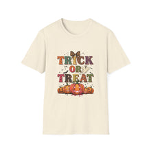 Load image into Gallery viewer, Halloween Trick or Treat Unisex Softstyle T-Shirt | Fun Halloween Tee, Spooky Shirt, Fall Apparel, Trick or Treat Shirt, Costume Party Top
